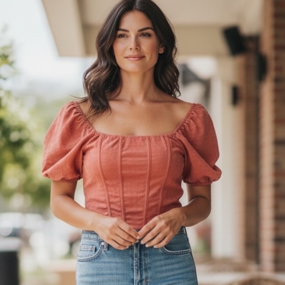 Kirious Los Angeles Rust Puff Sleeve Corset Top Cottagecore Peasant Bustier Chic